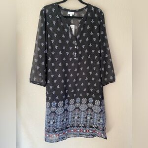 J Jill Black Mixed Print 3/4 Sleeve V-Neck Henley Sheer Dress Sz L NWT